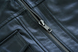 Waxed black leather motorcycle bomber jacket zipper detail