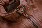 Brown waxed lambskin leather cafe racer motorcycle jacket collar detail