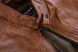 Brown waxed lambskin leather cafe racer motorcycle jacket collar unzipped