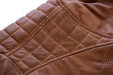 Brown waxed lambskin leather cafe racer motorcycle jacket shoulder detail