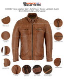 Features of brown waxed lambskin leather cafe racer motorcycle jacket