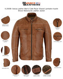 Features on Vance Leathers Austin Brown color lambskin leather cafe racer motorcycle jacket