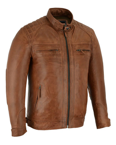 Brown waxed lambskin leather cafe racer motorcycle jacket front angle