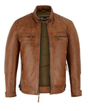 Brown waxed lambskin leather cafe racer motorcycle jacket front open view