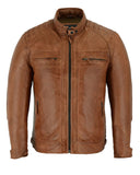 Brown waxed lambskin leather cafe racer motorcycle jacket front