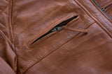 Brown waxed lambskin leather cafe racer motorcycle jacket chest pocket