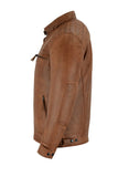 Brown waxed lambskin leather cafe racer motorcycle jacket side view