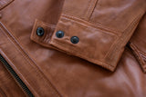 Brown waxed lambskin leather cafe racer motorcycle jacket cuff