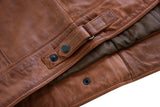 Brown waxed lambskin leather cafe racer motorcycle jacket waist adjuster