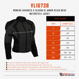 Women's black armored mesh motorcycle jacket sizing chart