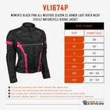 Vance Leathers women's pink and black mesh motorcycle jacket sizing chart