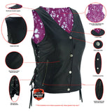 Women's leather biker vest with purple paisley lining features detail