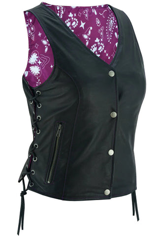 Women's leather biker vest with purple paisley lining front angle