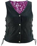 Women's leather biker vest with purple paisley lining front