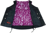 Women's leather biker vest with purple paisley lining detail