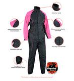 Women's pink and black reflective motorcycle rainsuit features detail