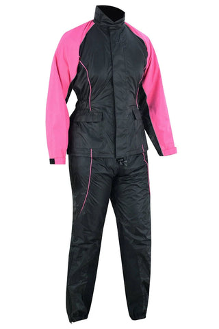 Women's pink and black reflective motorcycle rainsuit front angle