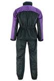 Women's purple and black reflective motorcycle rainsuit back view