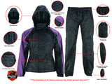 Women's purple and black reflective motorcycle rainsuit features detail