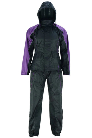 Women's purple and black reflective motorcycle rainsuit jacket and pants