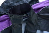 Women's purple and black reflective motorcycle rainsuit jacket collar detail