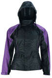 Women's purple and black reflective motorcycle rainsuit jacket with hood