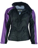 Women's purple and black reflective motorcycle rainsuit jacket front unzipped