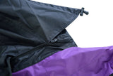 Women's purple and black reflective motorcycle rainsuit hood detail