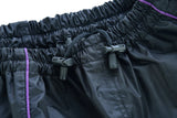 Women's purple and black reflective motorcycle rainsuit pants detail