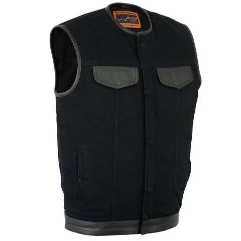 Front angle view of Daniel Smart Manufacturing men's black denim motorcycle vest with leather trim (model DM991).
