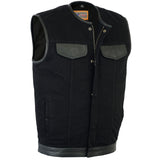 Front angle view of Daniel Smart Manufacturing men's black denim motorcycle vest with leather trim (model DM991).