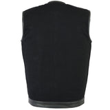 Back view of Daniel Smart Manufacturing men's black denim motorcycle vest with leather trim (model DM991).