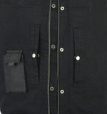 Inside view of Daniel Smart Manufacturing men's black denim motorcycle vest with leather trim (model DM991).