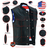 Daniel Smart Mfg. red stitch leather motorcycle vest with American flag lining features