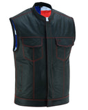 Daniel Smart Mfg. red stitch leather motorcycle vest with American flag lining front angle