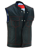 Daniel Smart Mfg. red stitch leather motorcycle vest with American flag lining front angle snaps