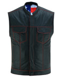 Daniel Smart Mfg. red stitch leather motorcycle vest with American flag lining front