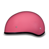 Left side view of pink skull cap motorcycle helmet