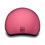 Rear view of pink skull cap motorcycle helmet